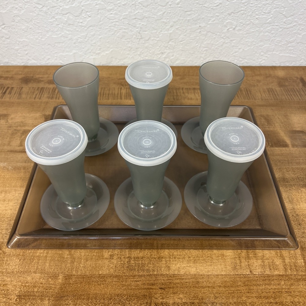 VTG Tupperware Pudding Parfait Dessert Sundae Cup Set of 6 Smoke Gray W/ Tray